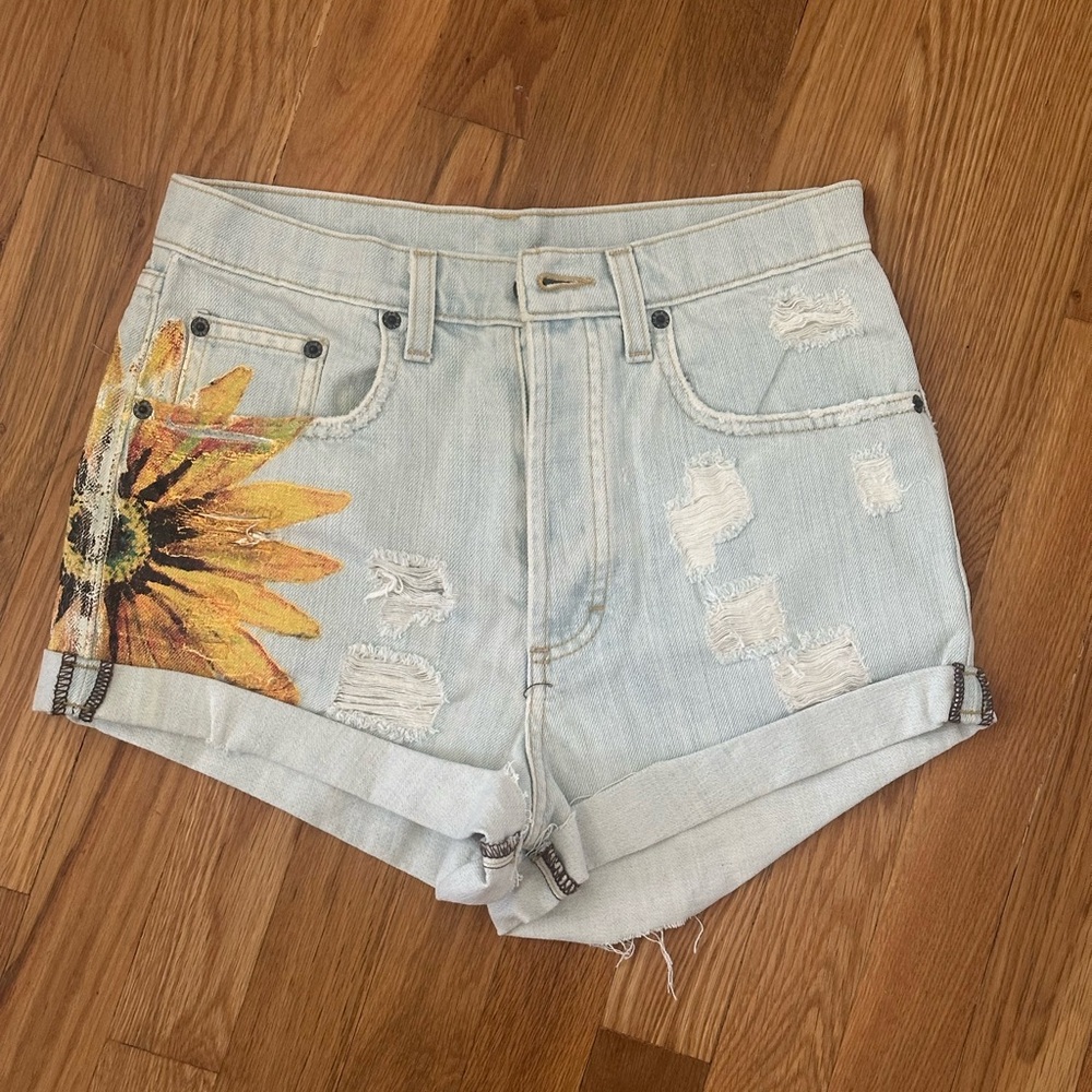 Sunflower Embroidered Light Blue Denim Shorts